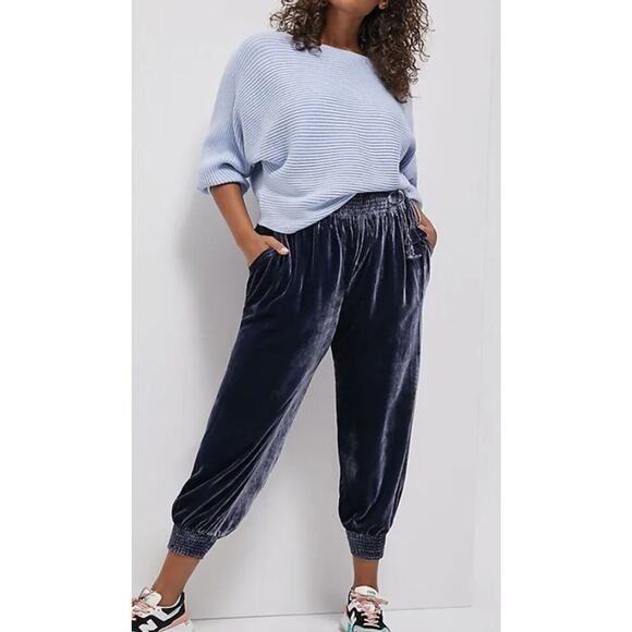 Anthropologie Gloria Velvet Jogger Pants Smocked Waist Pockets Blue Gray Medium - Picture 3 of 9
